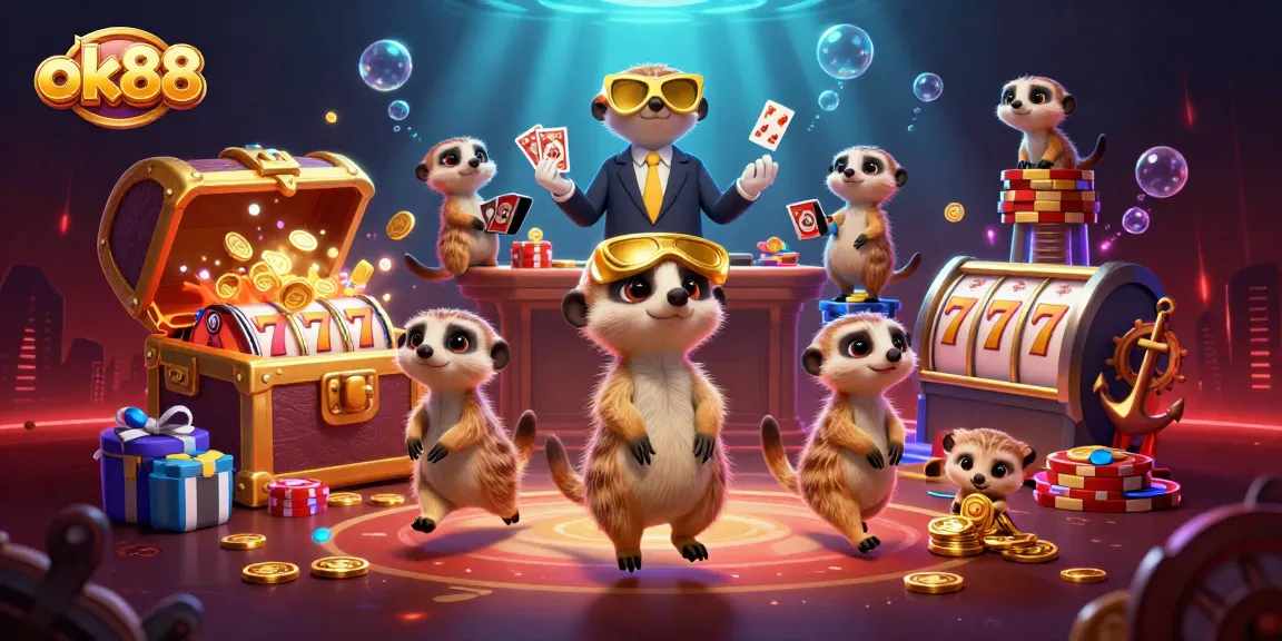 Slot action at the ok88 casino with meerkats orchestrating a vibrant gaming scene.