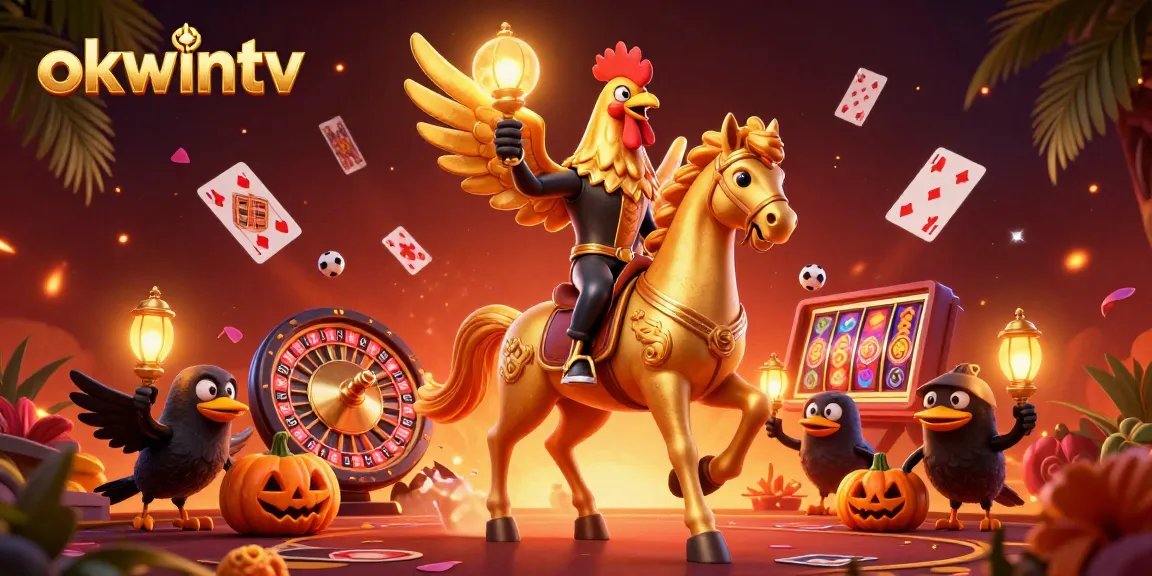 Experience the excitement of okwintv with a dynamic scene of a golden rooster and companions in a vibrant casino.