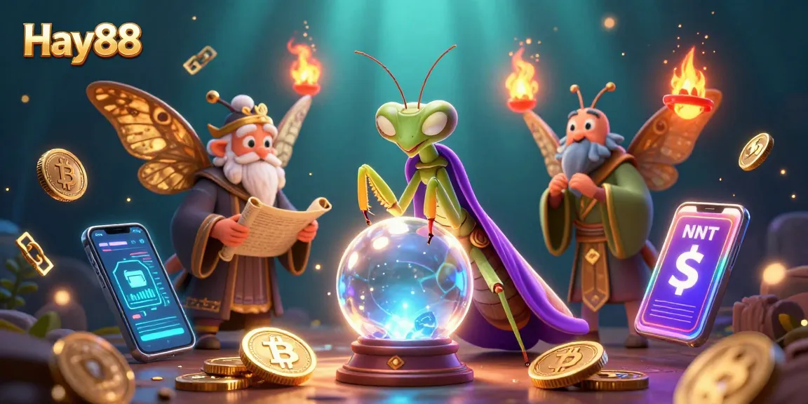 Engage with Hay88 in a vibrant 3D casino scene featuring a praying mantis fortune teller and a wise moth, surrounded by neon cryptocurrency elements.