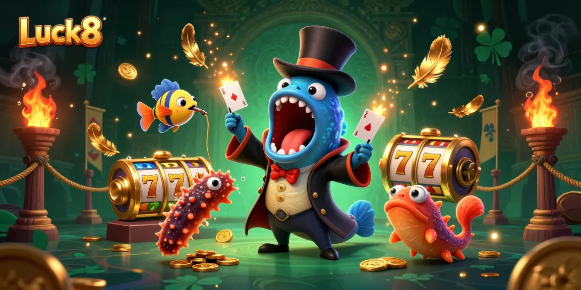 Luck8 magical deep-sea gaming scene with an eel, fish, and cucumber performing tricks