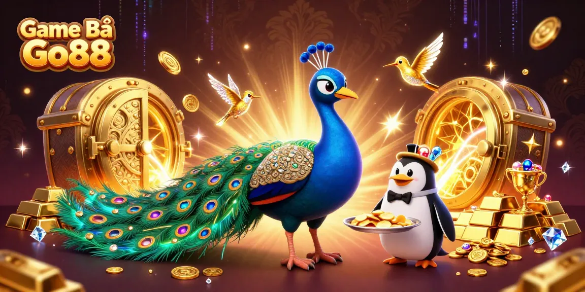 Engage with Game Bài Go88, featuring an aristocratic peacock and gold treasures in a vibrant casino scene.